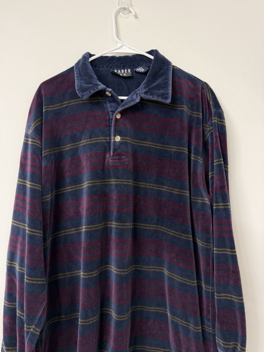 Vtg Velour Polo Shirt Men’s Large Trader Bay Striped Horizontal Long Sleeve Blue - Picture 2 of 5